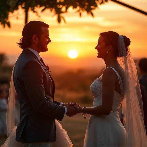Candid wedding photograph of a bride and groom exchanging vows under a sunset