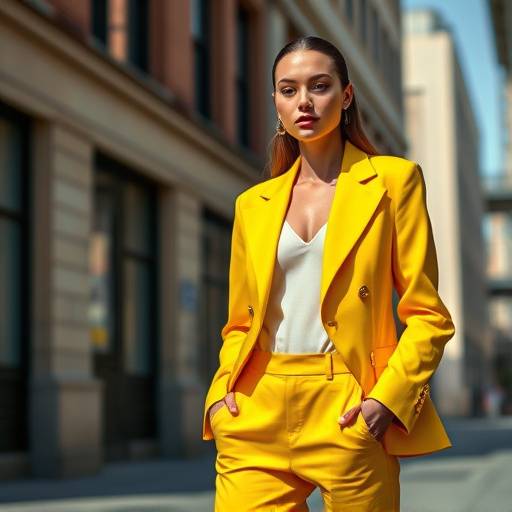 Fashion photography featuring a model wearing a bright yellow suit in an urban setting