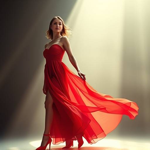 High-fashion photoshoot featuring a model in a flowing red dress